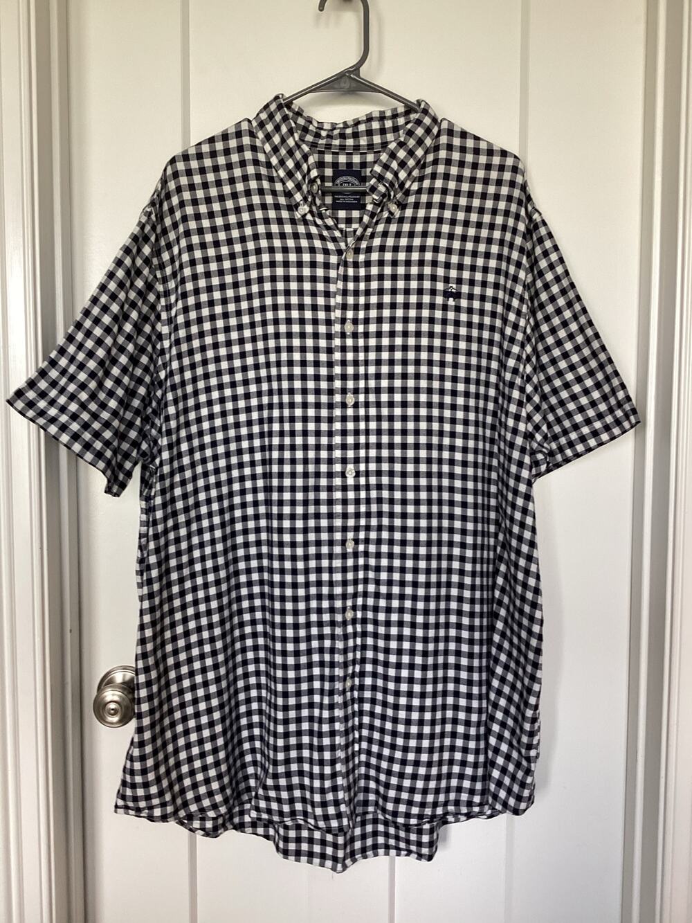 Brooks Brothers Men's 1XLT Dark Navy Gingham Shirt short sleeve logo